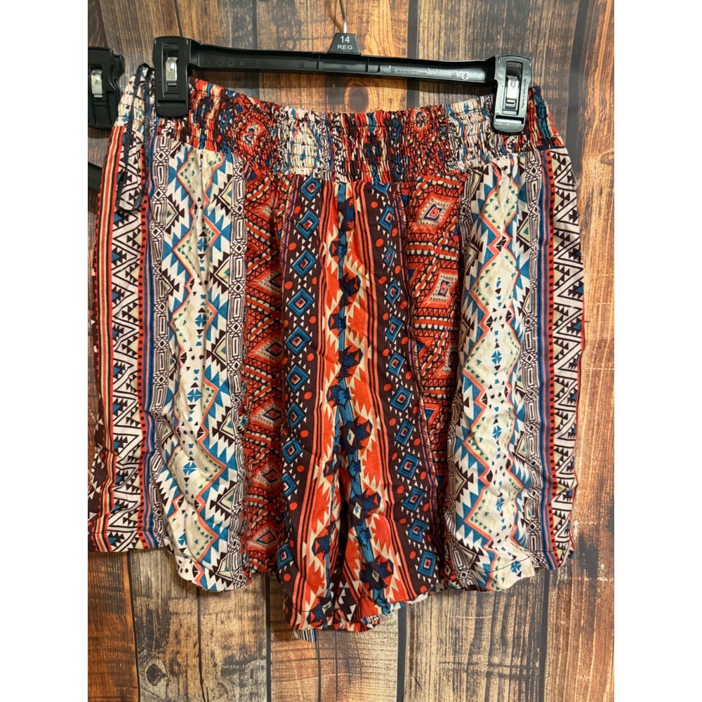 Nostalgia Women Tribal Geometric Smocked Waist Rayon Boho Shorts Red Blue M